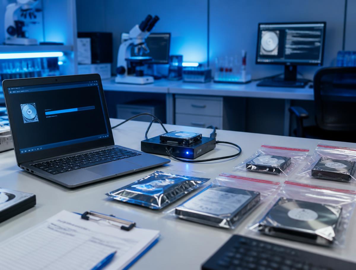 Teradrive Forensics laboratory bench in Langley, BC: a write-blocker imaging a hard drive beside sealed evidence bags and a chain-of-custody form